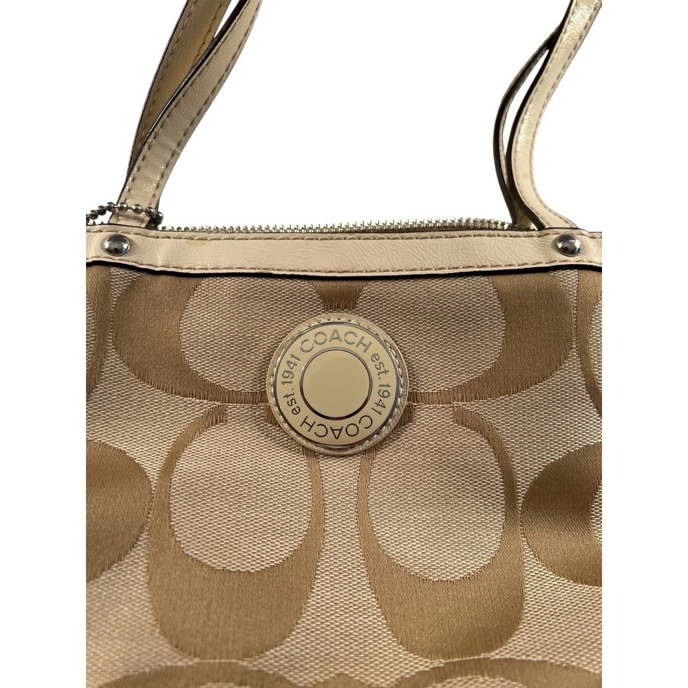 COACH Signature Stripe Canvas Shoulder Bag Purse Handbag‎ Creme Ivory Tan F19046 - Picture 3 of 10